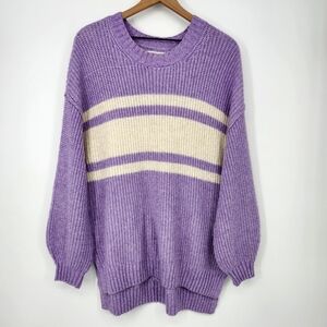 American Eagle Womens Oversized Sweater Size L Purple Crewneck Varsity Stripe